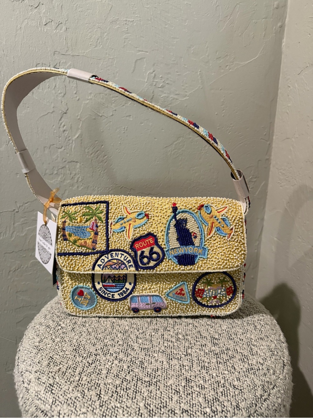 Beaded Patchwork Shoulder Bag - Cream Adventure Motif